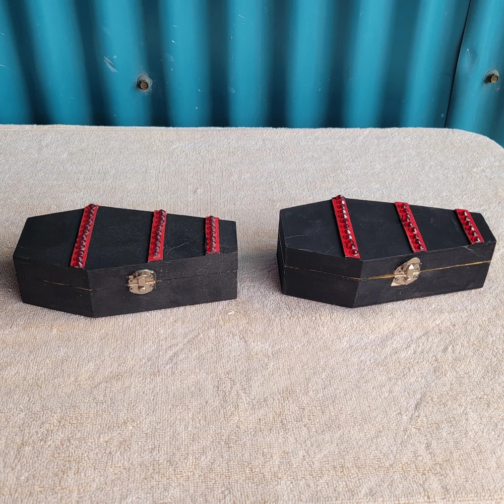 Two  Handmade Handcrafted Wooden Coffins Halloween Decorations